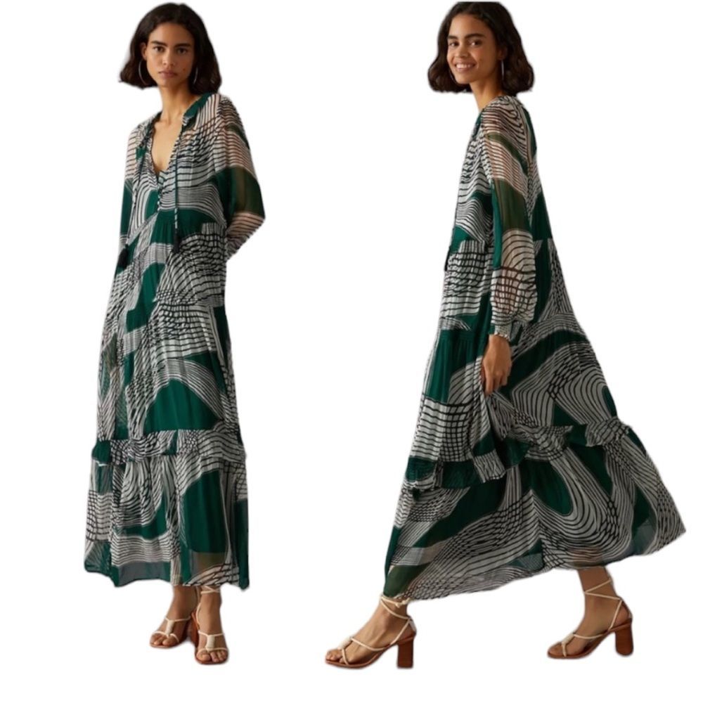 ANTHROPOLOGIE Marais Printed Chiffon Maxi Dress Ruffles Smocked LARGE (no liner)